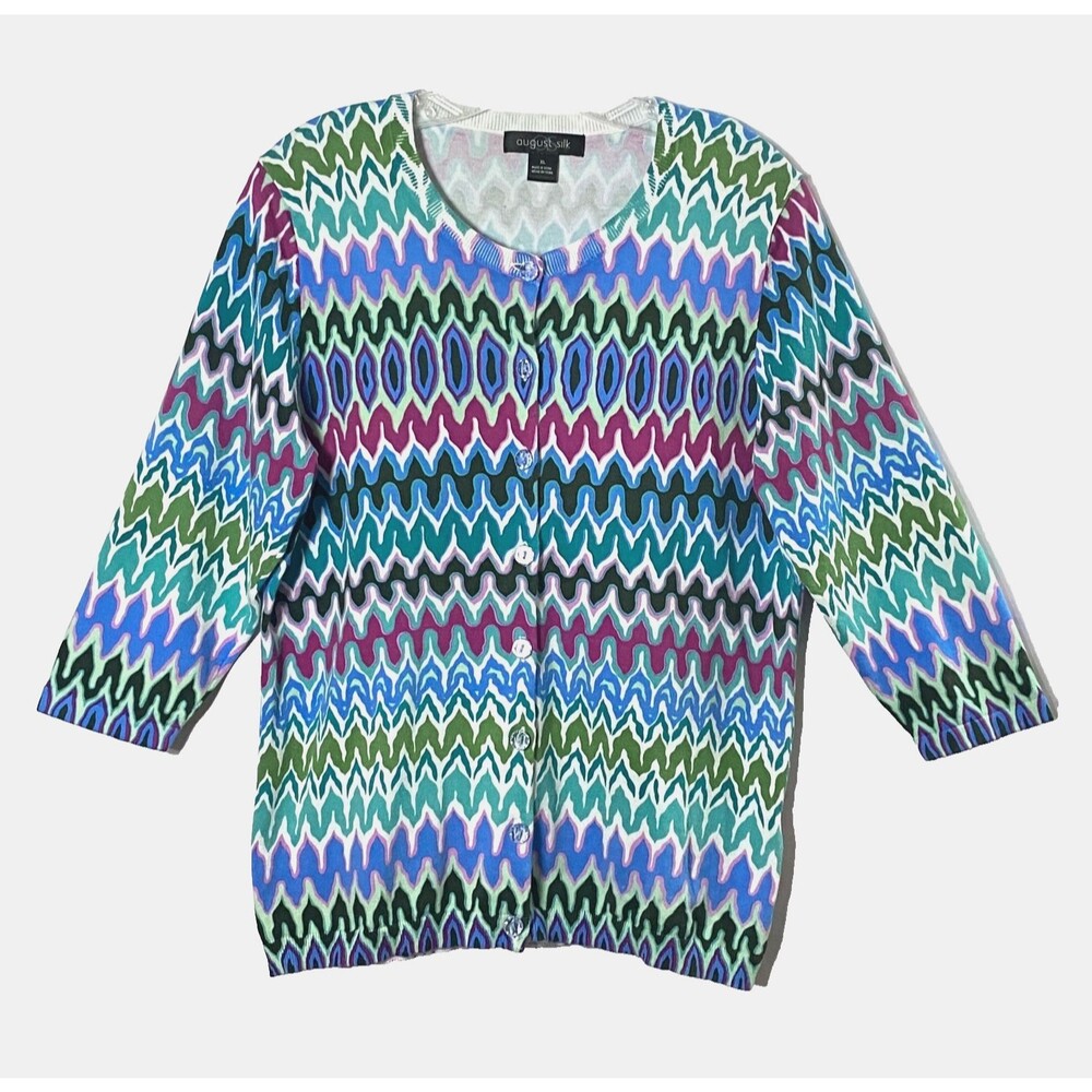 August Silk Geometric Cardigan Size XL Multicolor 3/4 Sleeves Clear Buttons